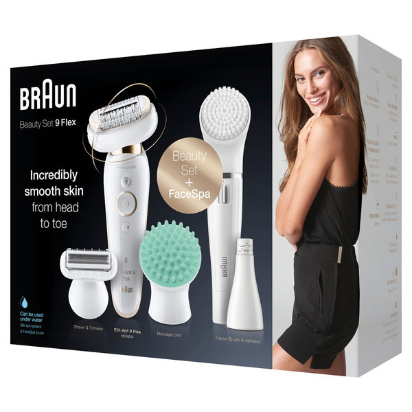 Braun Silk-épil 9 Flex 9300 Beauty-Set – Epilierer für Frauen mit flexiblem Kopf Weiß/Gold + FaceSpa