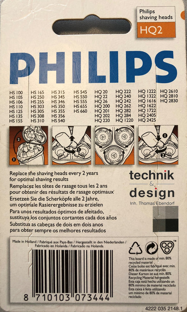 Philips Rasierer Scherkopf HQ 2, neu (3 Stück) Original HQ2 Rota Action
